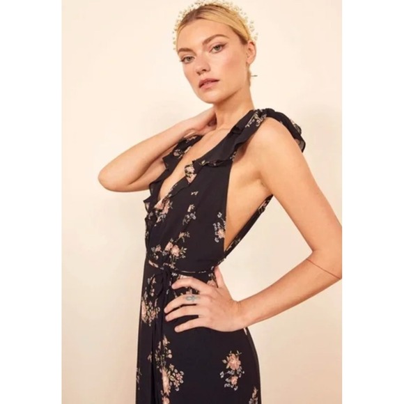 Reformation Peppermint Dress‎ Clarice Floral Black Maxi Ruffle Sleeves Small NWT - Picture 4 of 8